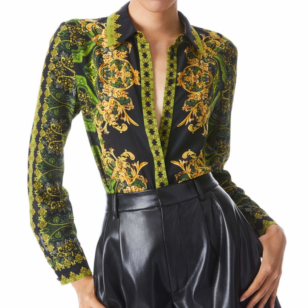 Alice + Olivia Willa Rendezvous Blouse Top Silk Green Black Floral Paisley XS